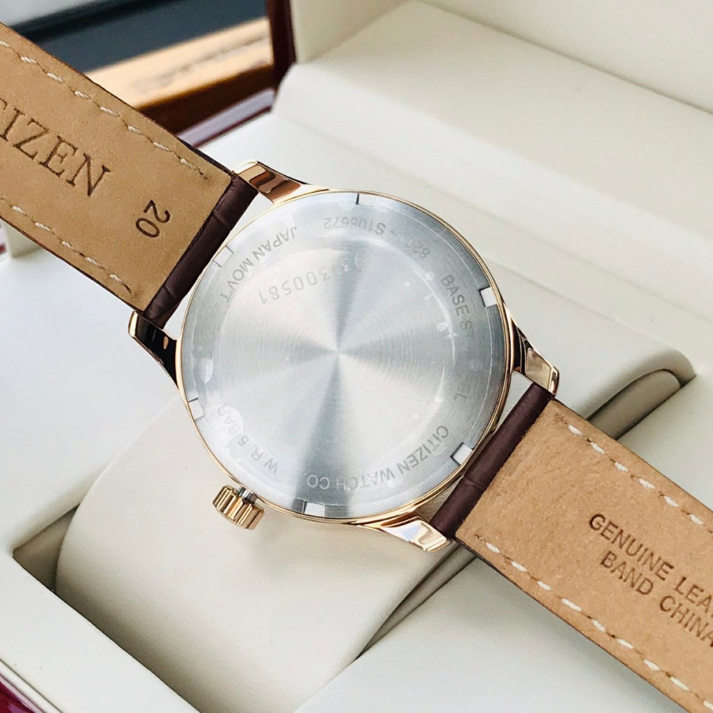 Đồng hồ Nam  Citizen Automatic NH8353-18A Size 40,Mặt trắng,Lịch-Máy cơ tự động-Dây da nâu cao cấp