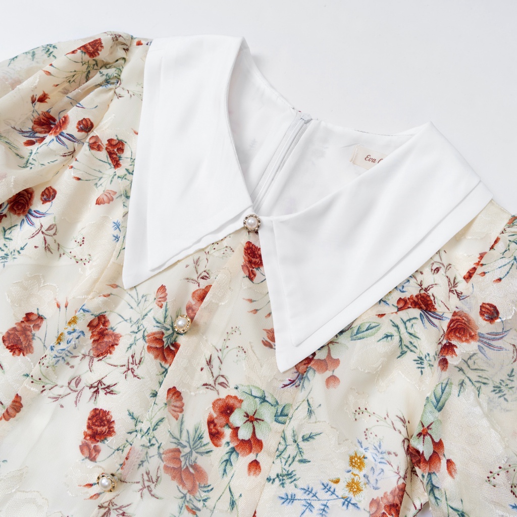 [Mã BMLT35] Váy hoa nhí công sở dáng A cổ trắng thanh lịch đính cúc ngọc chất liệu lụa mềm mại thiết kế Evalover