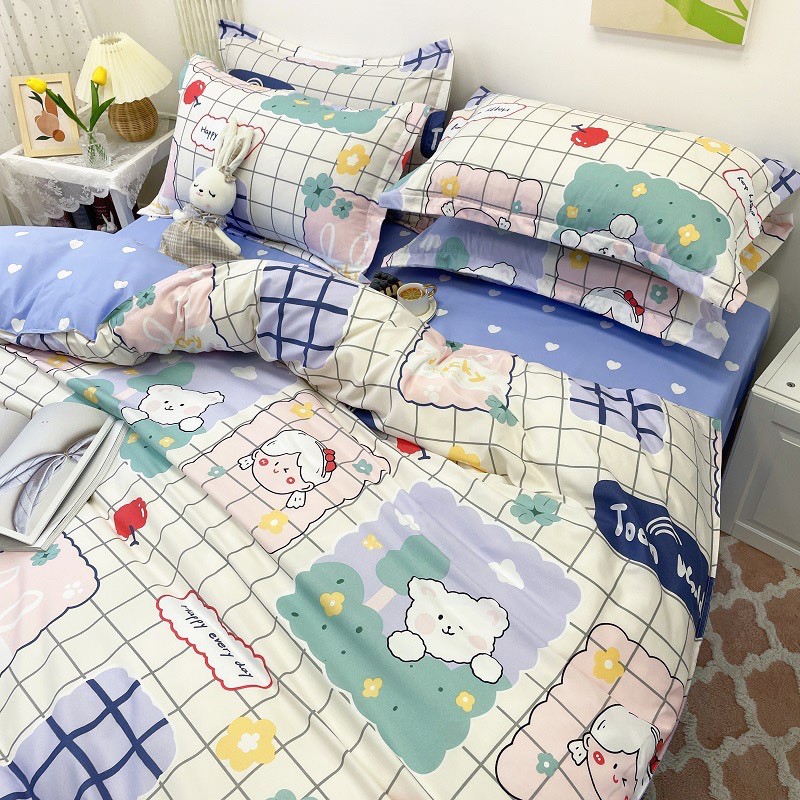 Bộ Drap &amp; Chăn Phao Cotton Poly Cô Bé Thỏ Tuyết