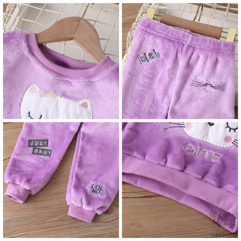 Bộ đồ ngủ áo tay dài + quần dài chất flannel họa tiết hoạt hình thời trang mùa đông dễ thương cho bé gái