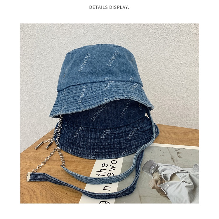 Nón Bucket Phối Dây Xích Dài In Chữ Phong Cách Cao Bồi Nhật Bản Thời Trang Xuân Thu Cá Tính Cho Nữ