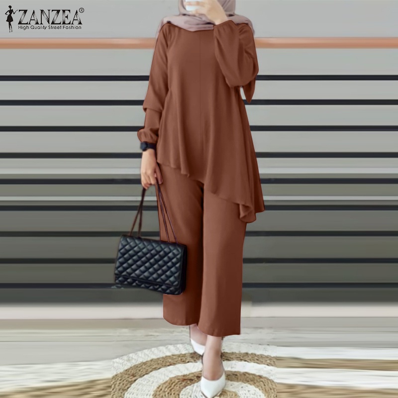 Zanzea Bộ Áo Tay Phồng Màu Trơn Phối Quần Dài Ống Rộng Lưng Thun Thời Trang Cho Nữ