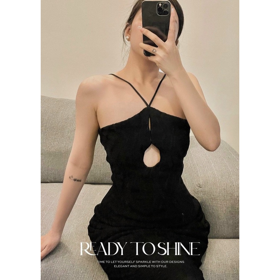 ĐẦM MIDI CỔ YẾM ĐEN KHOÉT NGỰC GIỌT NƯỚC