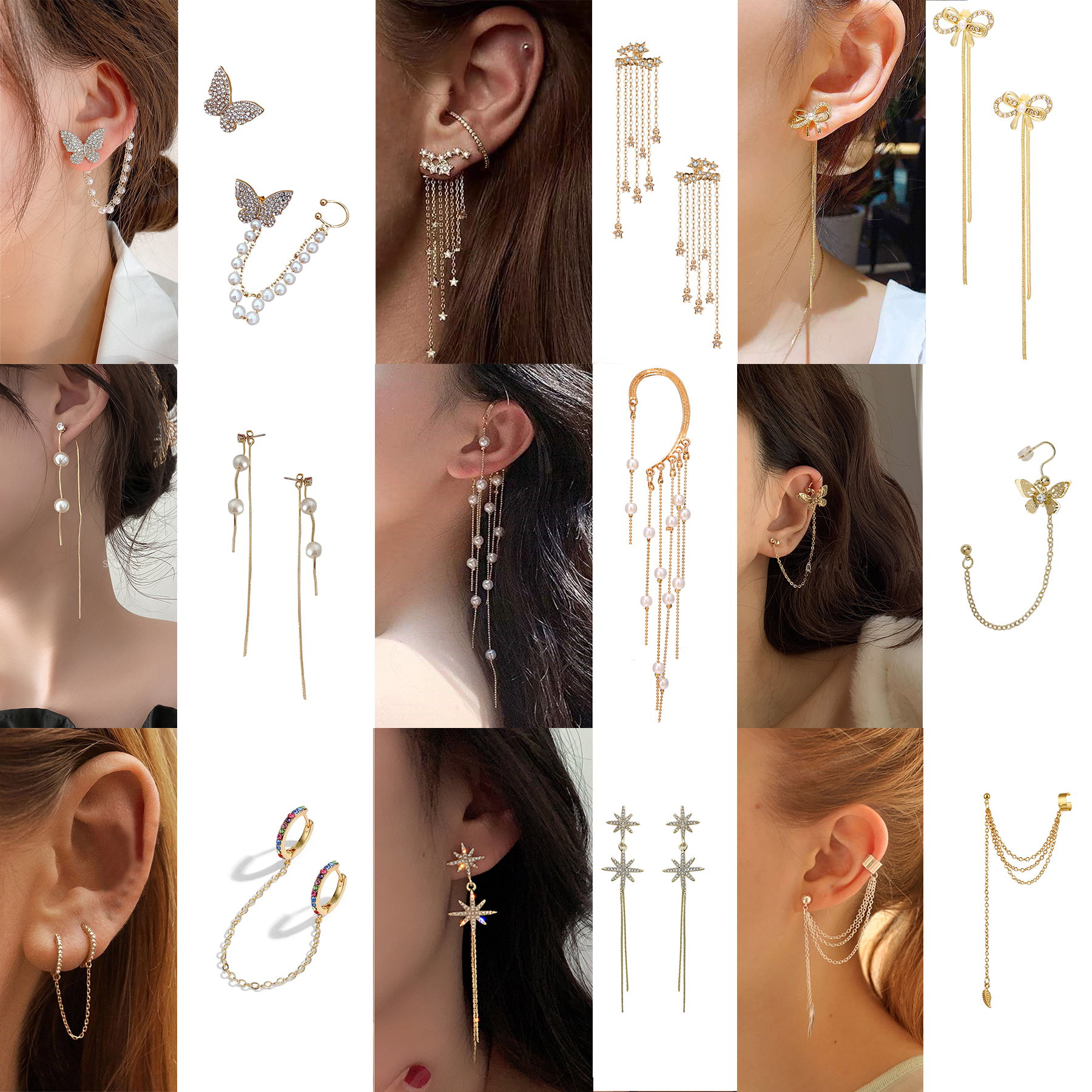 Hoa Tai Dáng Dài Mặt Hình Nơ Đính Đá Phối Tua Rua Thời Trang