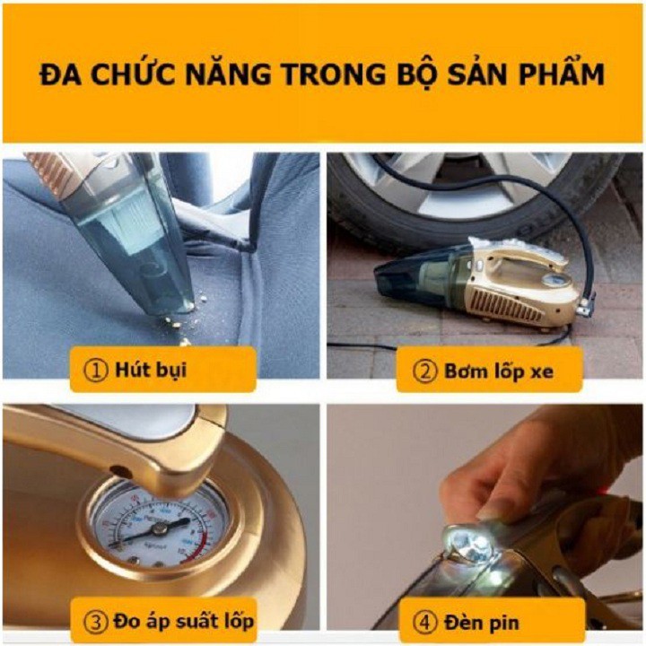 Máy Hút Bụi Ô Tô Kiêm Bơm Lốp, Đo Áp Suất Và Đèn Pin Siêu Sáng (Đa Chức Năng)