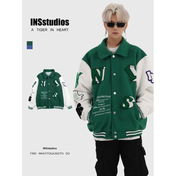 (Hình thật cuối) Áo khoác Bomber bóng chày thiết kế InsStudio cho Nam Nữ phối logo cá tính