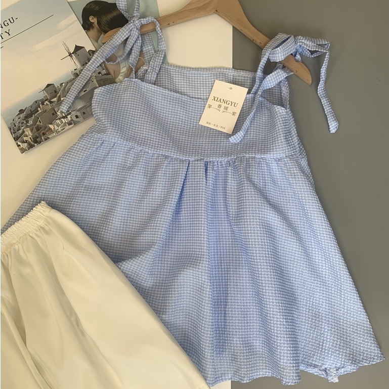 Set quần áo nữ mặc nhà LOZADO bộ quần đùi áo babydoll 2 dây thắt nơ kẻ caro xanh xinh xắn dễ thương B405