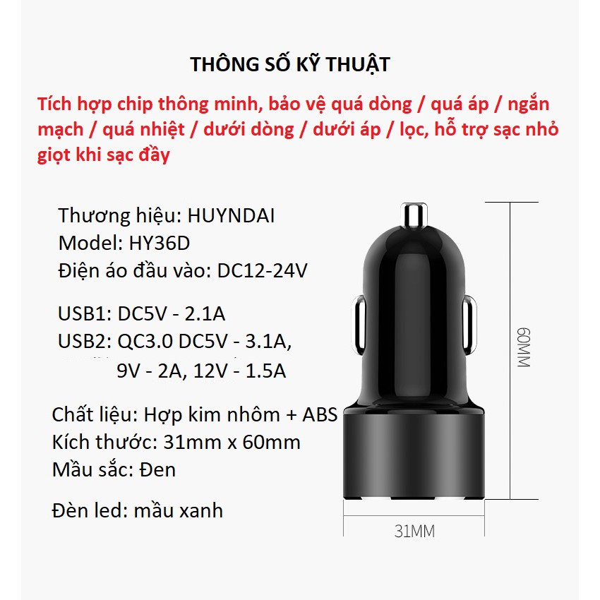 Tẩu sạc nhanh HUYNDAI QC3.0, tẩu sạc ô tô, xe hơi tích hợp hai cổng USB ( Màu đen) HY-36D