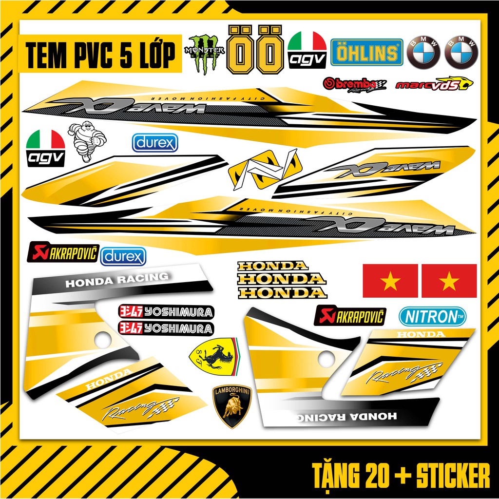 Tem Rời Xe WAVE ALPHA Độ Cacbon Vàng Đen | WA061603RC | Decal PVC Lớp Chống Bay Màu