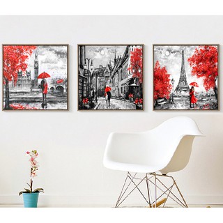 Bộ 3 tranh ghép treo tường Hiện đại VTC hình nghệ thuật đường phố Châu Âu tông đen đỏ  VIP 57