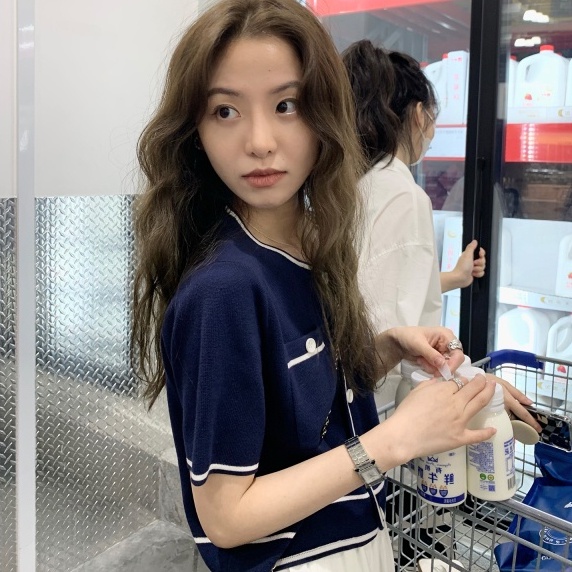 Áo dệt kim NZN ngắn tay màu tương phản thời trang Pháp cho nữ