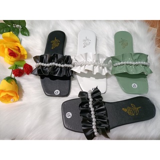  dép nữ quai ngang thời trang nhún bèo đính ngọc tiểu thư 