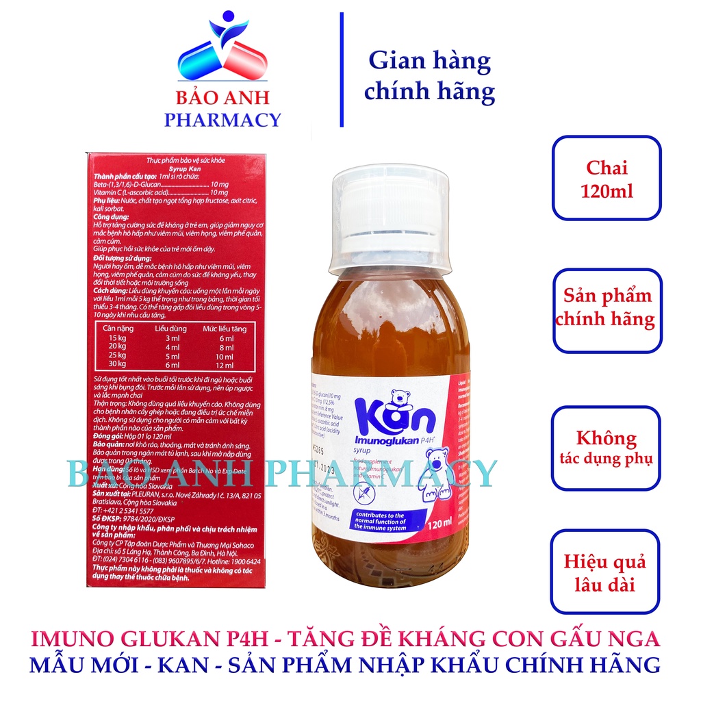 [NHẬP KHẨU CHÍNH HÃNG] Imunoglukan P4H (mẫu mới KAN syrup) - Tăng đề kháng cho bé, giảm ốm vặt, cảm cúm - Chai 120ml