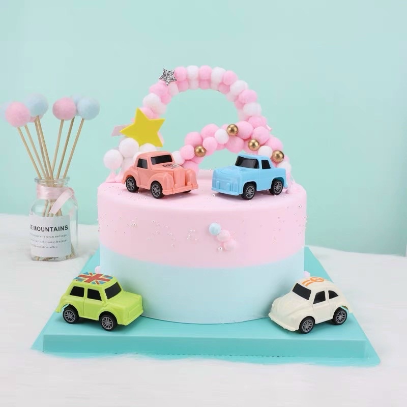 2 Bộ xe mini cooper trang trí bánh kem, bánh sinh nhật, phụ kiện bánh kem