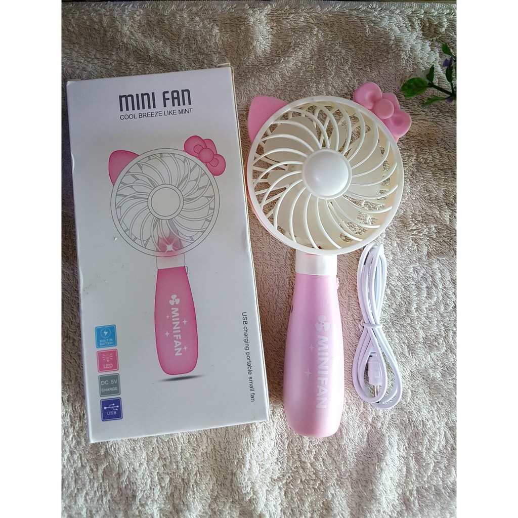 Quạt Sạc Mini Cầm Tay Hình Mèo Mèo kitty Có đèn, Quạt Tích Điện Mini Fan