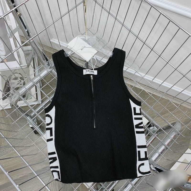 Áo len ba lỗ chữ cê line khoá kéo ngực, dáng len ôm body cực sang