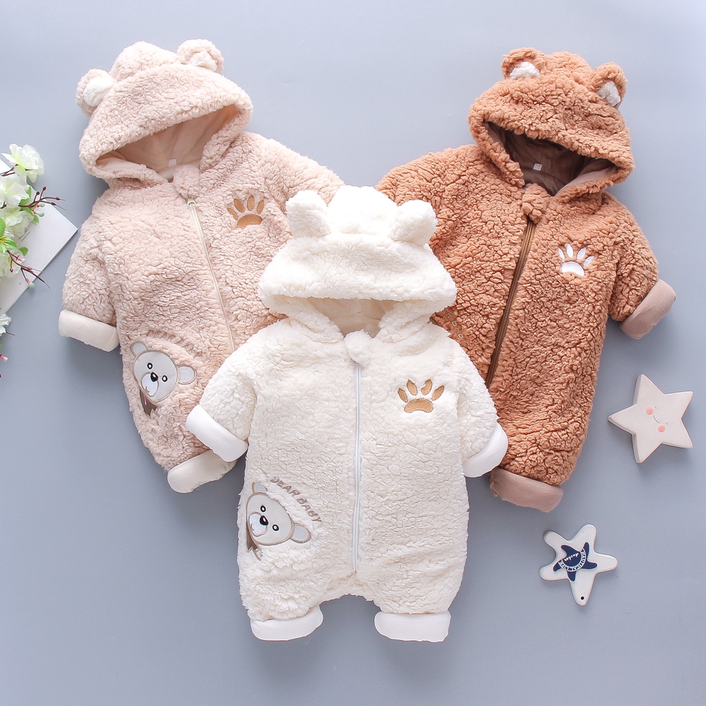 Lông cừu dày và ấm thêu hình gấu dễ thương Thân gấu bông bé có dây kéo dày áo hoodie thêu gấu hoạt hình dễ thương