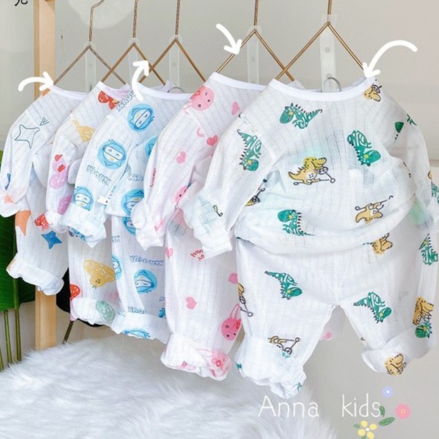 Bộ cotton giấy dài tay, cài vai cho bé sơ sinh hàng đẹp - BO6