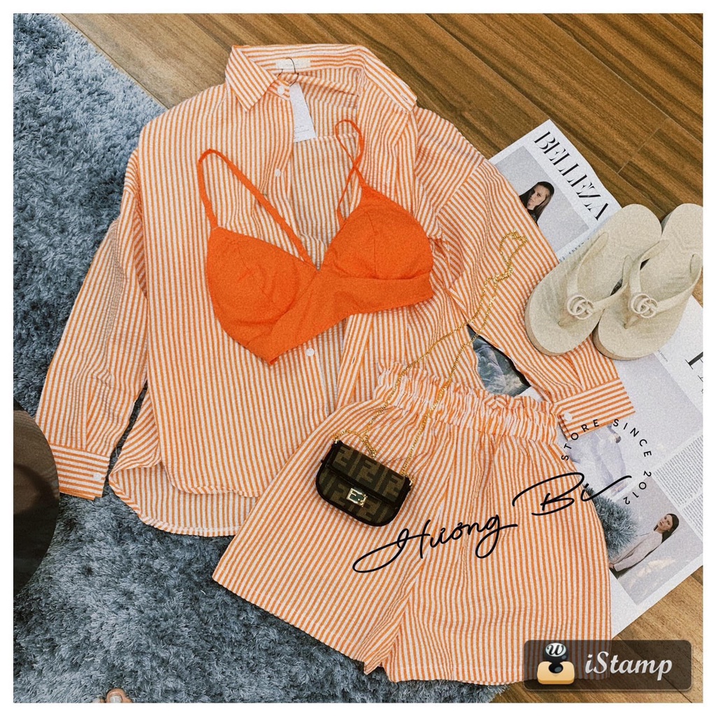 Set 3 món kẻ sọc cam đi biển áo sơ mi tay dài có cài nút + 2 dây bra croptop hở vai lưng bụng rốn sexy+quần short ngắn