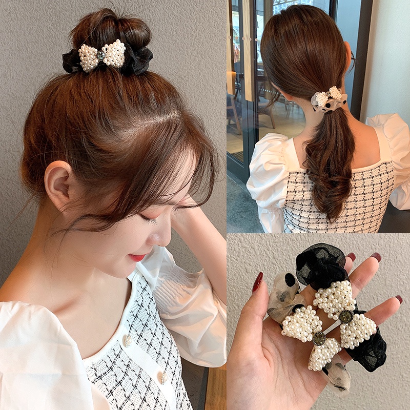 Dây Cột Tóc Nơ Họa Tiết Chấm Bi Đen Đính Ngọc Trai Phong Cách Hàn Quốc