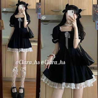 [Có Ảnh Thật - Order Hàng Loại 1] (L3) Váy đầm Ulzzang thắt nơ phối ren dáng xòe màu đen loại đẹp