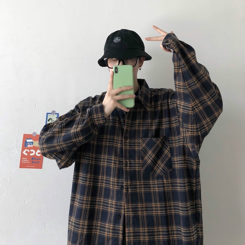 Áo sơ mi dài tay cổ bẻ in caro phong cách Hàn Quốc cá tính cho nam | BigBuy360 - bigbuy360.vn