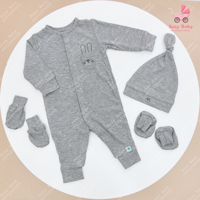 Lillte Love - Body dài tay vải tăm có túi cho bé từ sơ sinh đến 6 tháng ( Size 0.3M kèm phụ kiện mũ, bao tay bao chân )