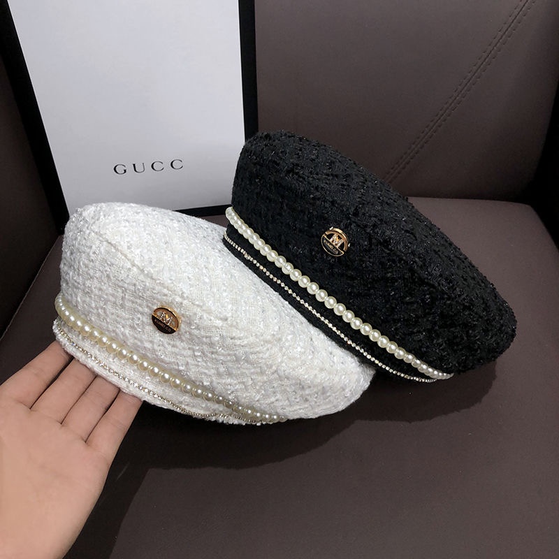 Mũ nồi màu đen phối chuỗi ngọc trai thời trang thu đông phong cách Hàn Quốc cho nữ