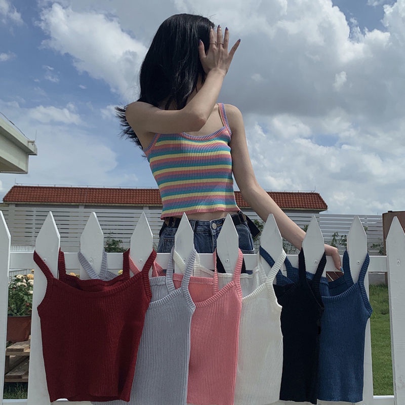 Áo Hai Dây Dệt Kim Dáng Ngắn Phong Cách Hàn Quốc Trẻ Trung Cho Nữ