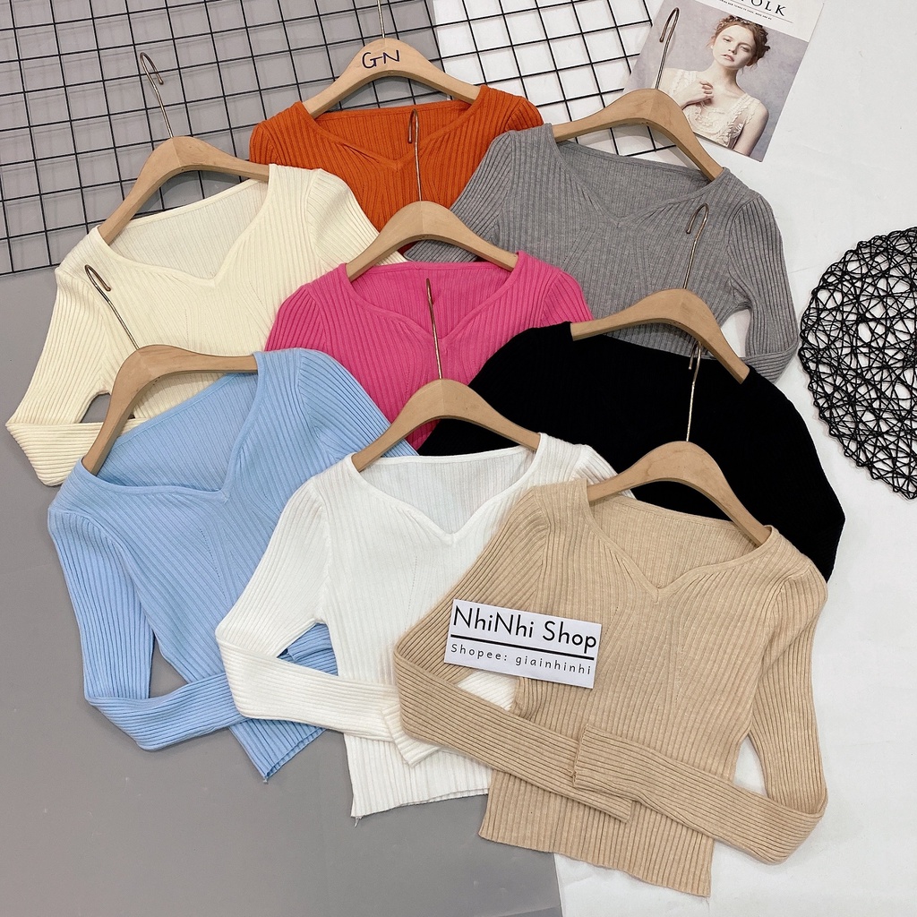 Áo len tăm cổ khoét V dáng ôm dài tay siêu đẹp AL8014 - NhiNhi Shop