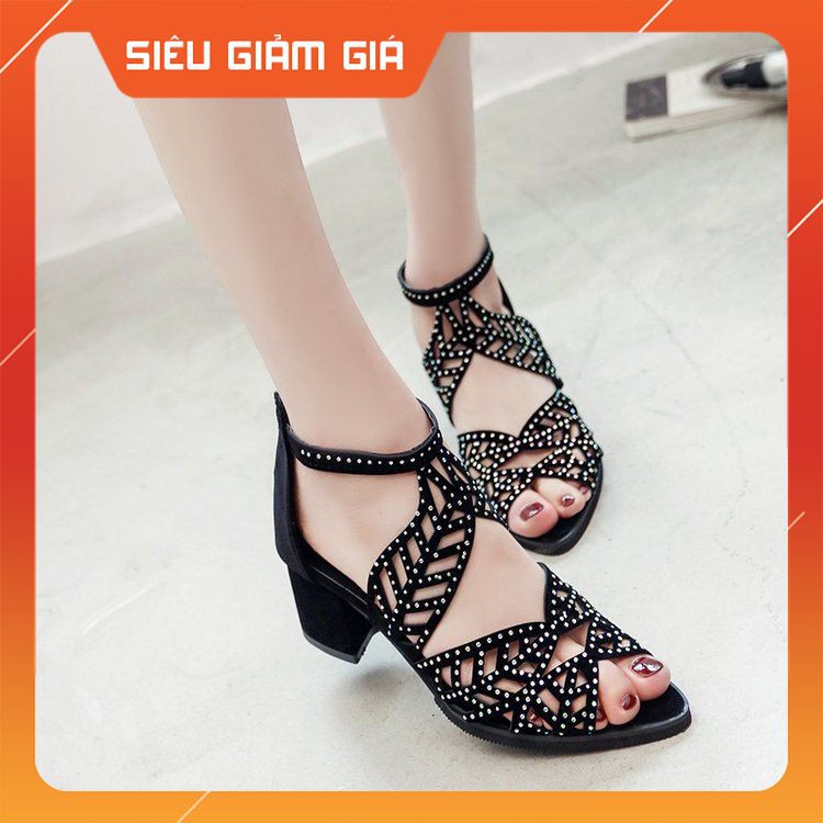 ( XẢ KHO) Giày sandal cao gót họa tiết lá đính đá thời trang cho nữ