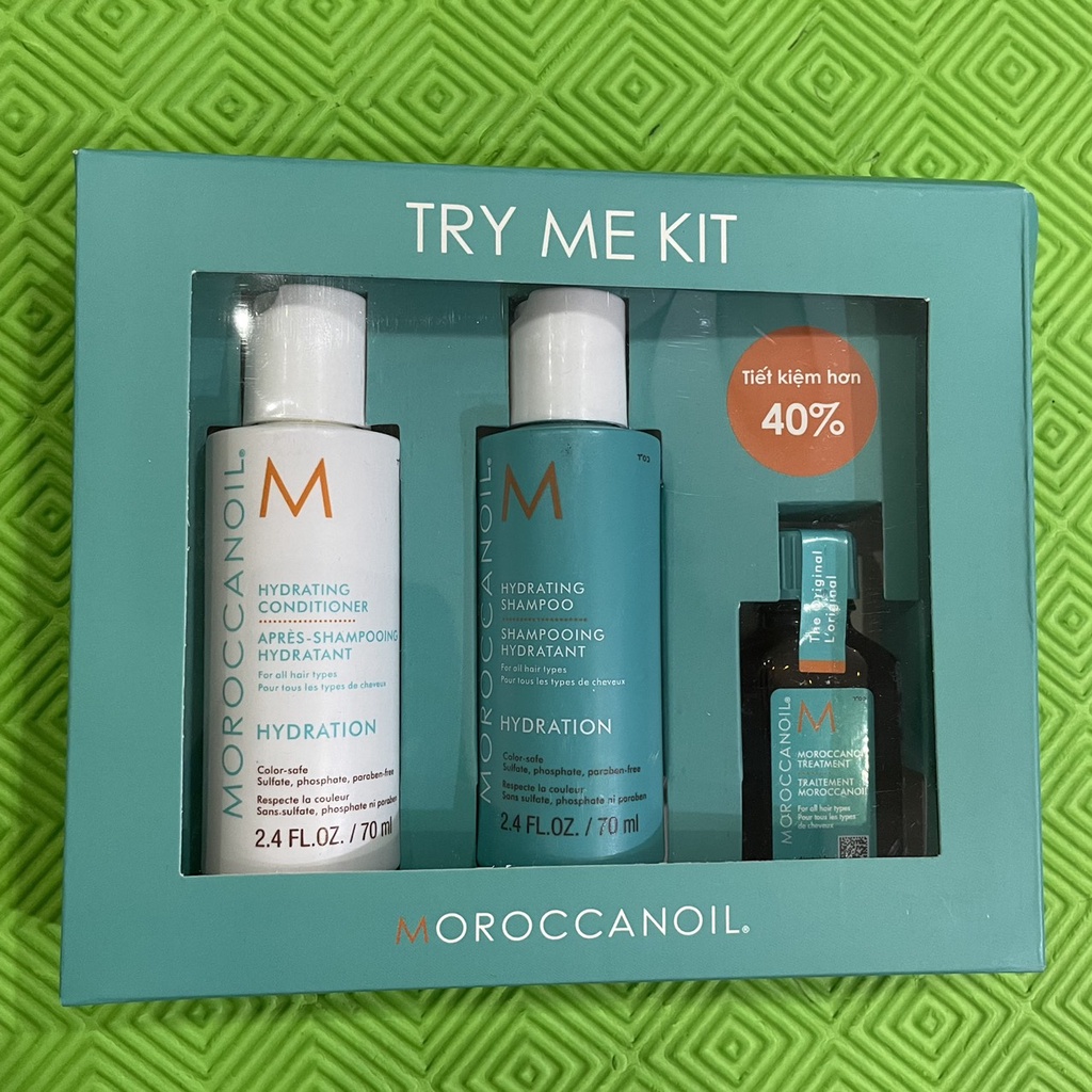 Combo Try Me Kit dầu gội xả dưỡng ẩm Moroccanoil Hydration 70mlx2 và tinh dầu Treatment 15ml ( New 2021 )