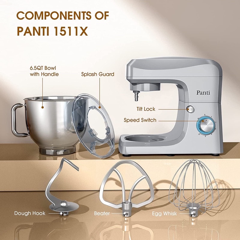 Máy nhào bột Panti 8L 1500W - Bánh răng kim loại cao cấp - trộn bột, salad, trà bông, ..
