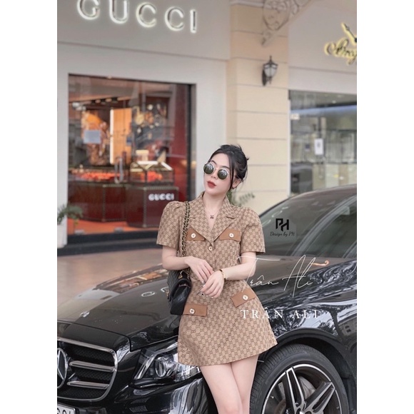 Set áo vest gấm chữ + chân váy chữ A
