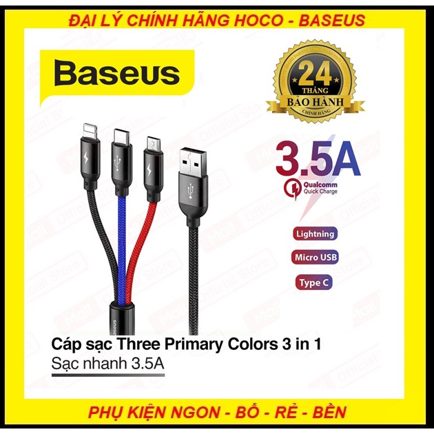 Dây Cáp Sạc 3 Đầu CAO CẤP Chính Hãng Baseus CAMLT-BSY01 3 trong 1 Ligting Micro Type C Iphone Android - Bảo Hành 24 thán