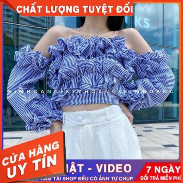 Áo hở vai, croptop tay bồng bèo nhún sexy bánh bèo (sọc xanh) | BigBuy360 - bigbuy360.vn