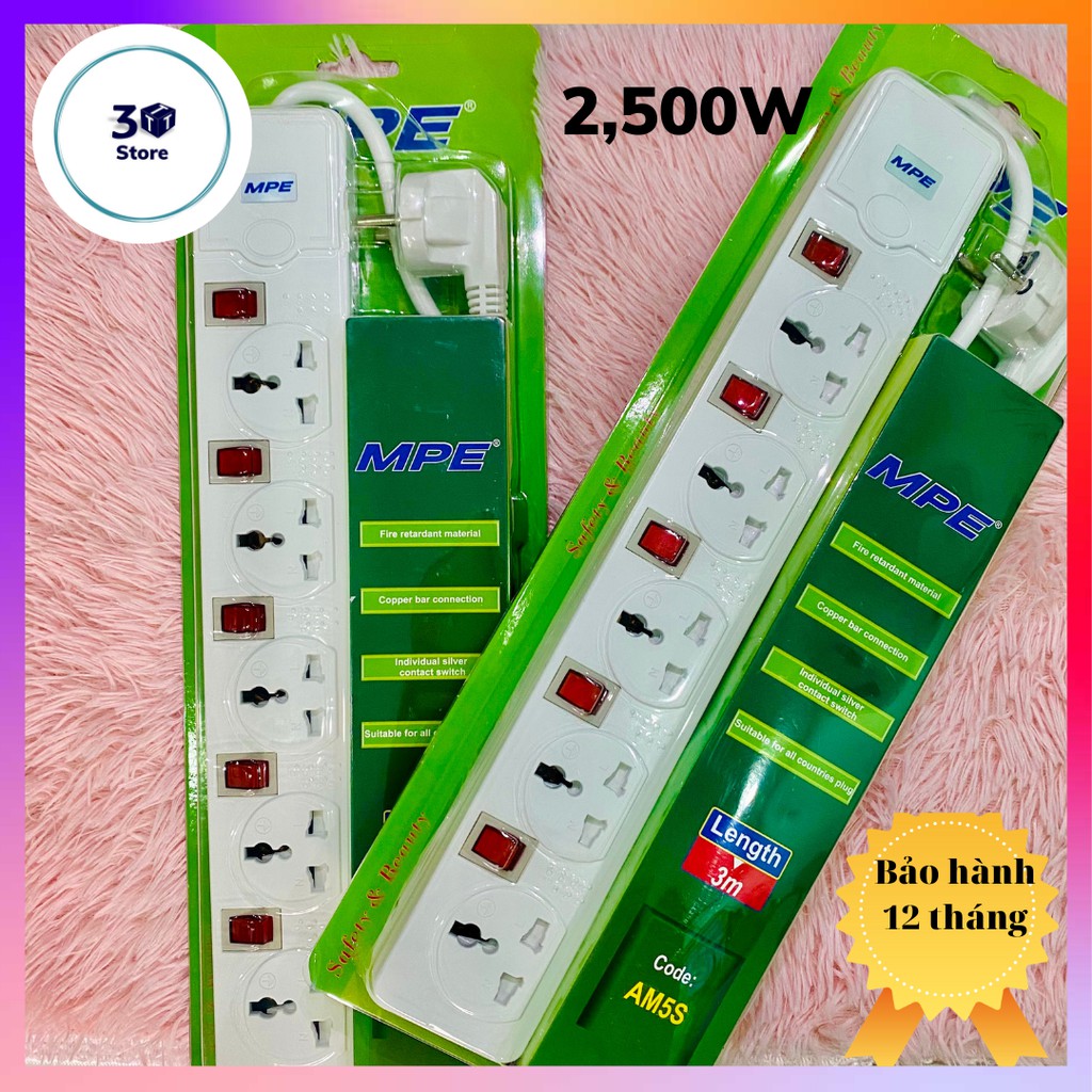 Ổ cắm dây 5 ổ cắm đa năng, công suất 2500W - BH 1 năm