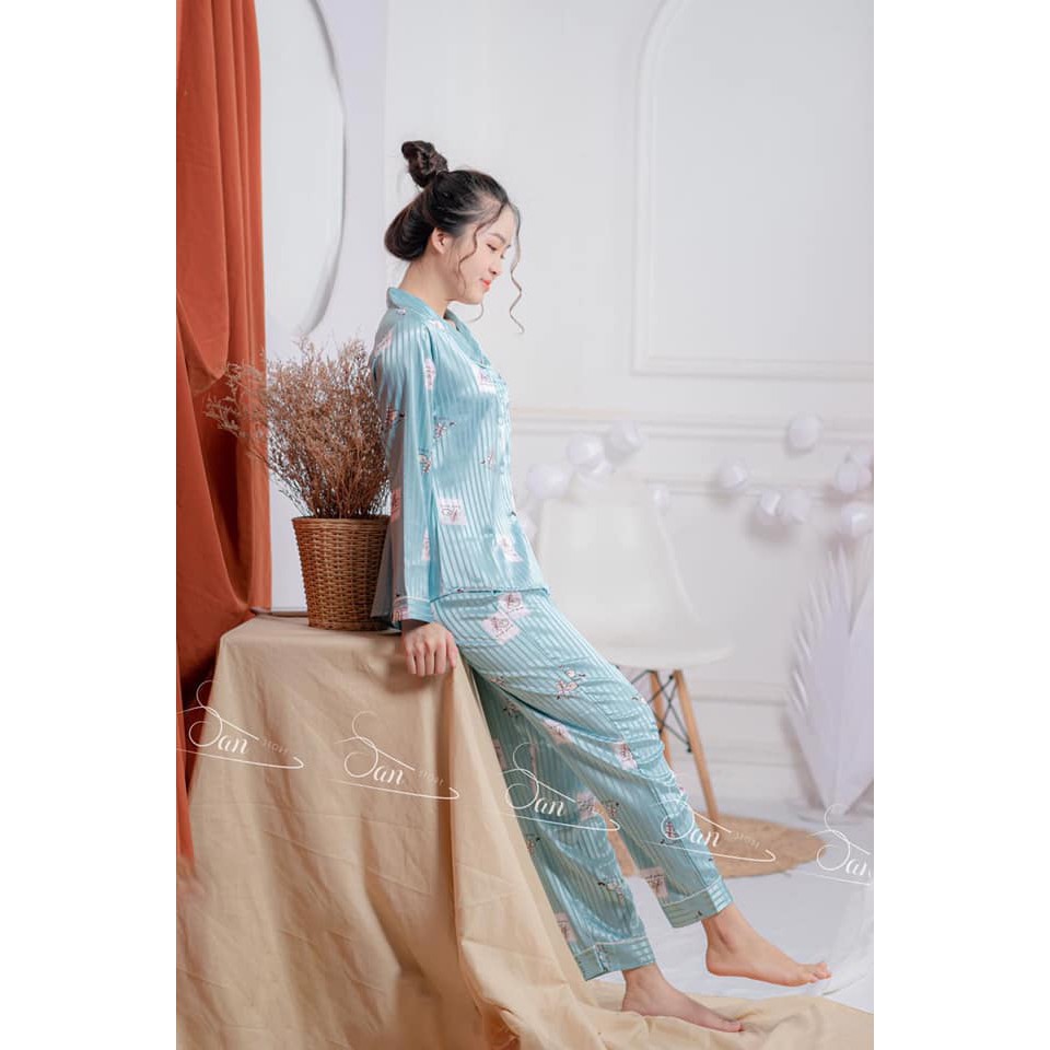 Đồ ngủ pijama nữ mặc nhà, chất liệu lụa satin cao cấp, kiểu tay dài quần dài SANMAY