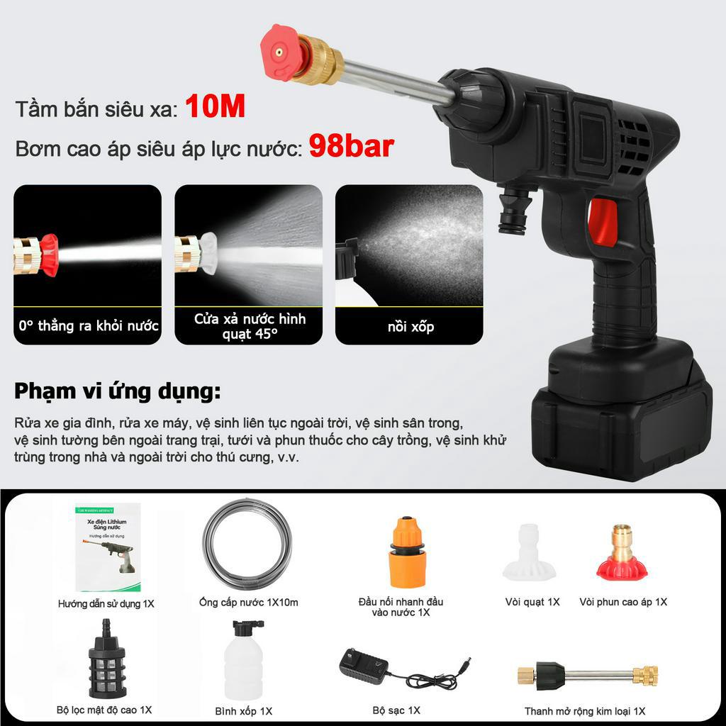 Máy rửa xe không dây sạc bằng pin, máy xịt rửa xe công suất lớn, máy rửa xe áp lực cao gia đình, thích hợp cho ô tô, xe máy, xe đạp, tưới hoa