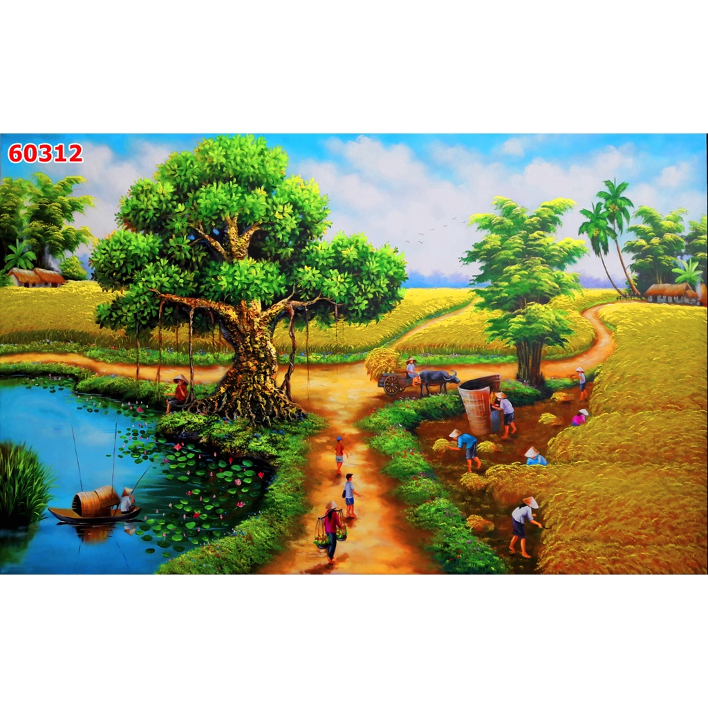 Tranh Dán tường 3D Phong Cảnh Làng Quê chân thực, mộc mạc, yên bình, thanh bình