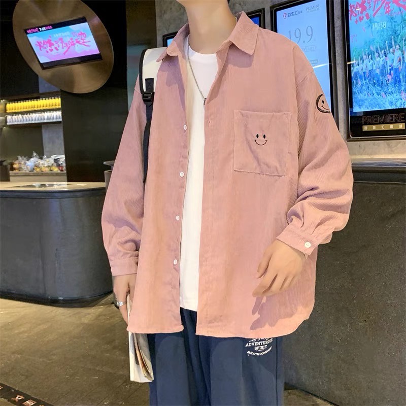 Áo sơ mi nhung tăm nam nữ thêu hình mặt cười form rộng phong cách Hàn Quốc SIB093