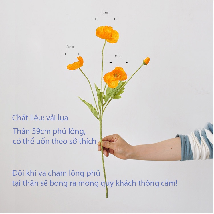 Hoa giả, hoa lụa - Hoa anh túc cành 3 bông 1 nụ thân phủ lông  giống thật trang trí nhà , phụ kiện chụp ảnh Han decor