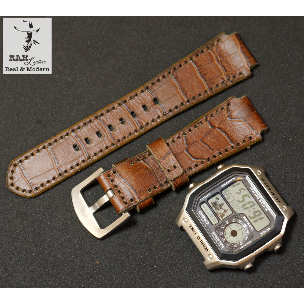 Dây Casio AE 1200 da bò vân cá sấu RAM Leather 1928 - tặng khóa chốt và cây thay dây