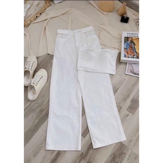 Quần Jeans Nữ - Quần Bò Jeans Nữ Ống Rộng Lưng Kiểu Jeans Ống Suông Màu Trắng Ulzzang Cực Xinh