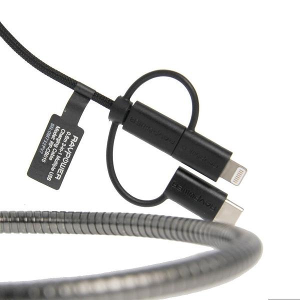 Cáp Sạc Nhanh 3 Đầu Thép RAVPower RP-CB015 - USB Micro , Type C , Li - Hàng Chính Hãng - Bảo Hành 12 Tháng