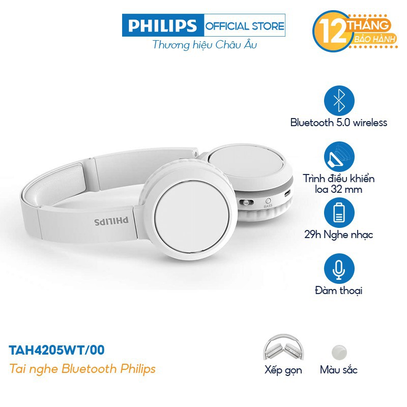 [Mã 267ELSALE hoàn 7% xu đơn 300K] Tai nghe Philips Bluetooth TAH4205WT/00 - Màu trắng - Hàng Chính Hãng