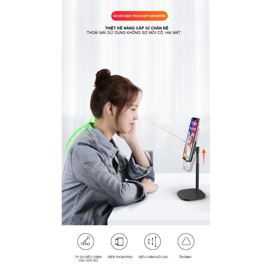 Giá Đỡ Điện Thoại, Máy Tính Bảng Hai Chân Chất Liệu Nhôm Kim Loại Có Thể Điều Chỉnh Chiều Cao
