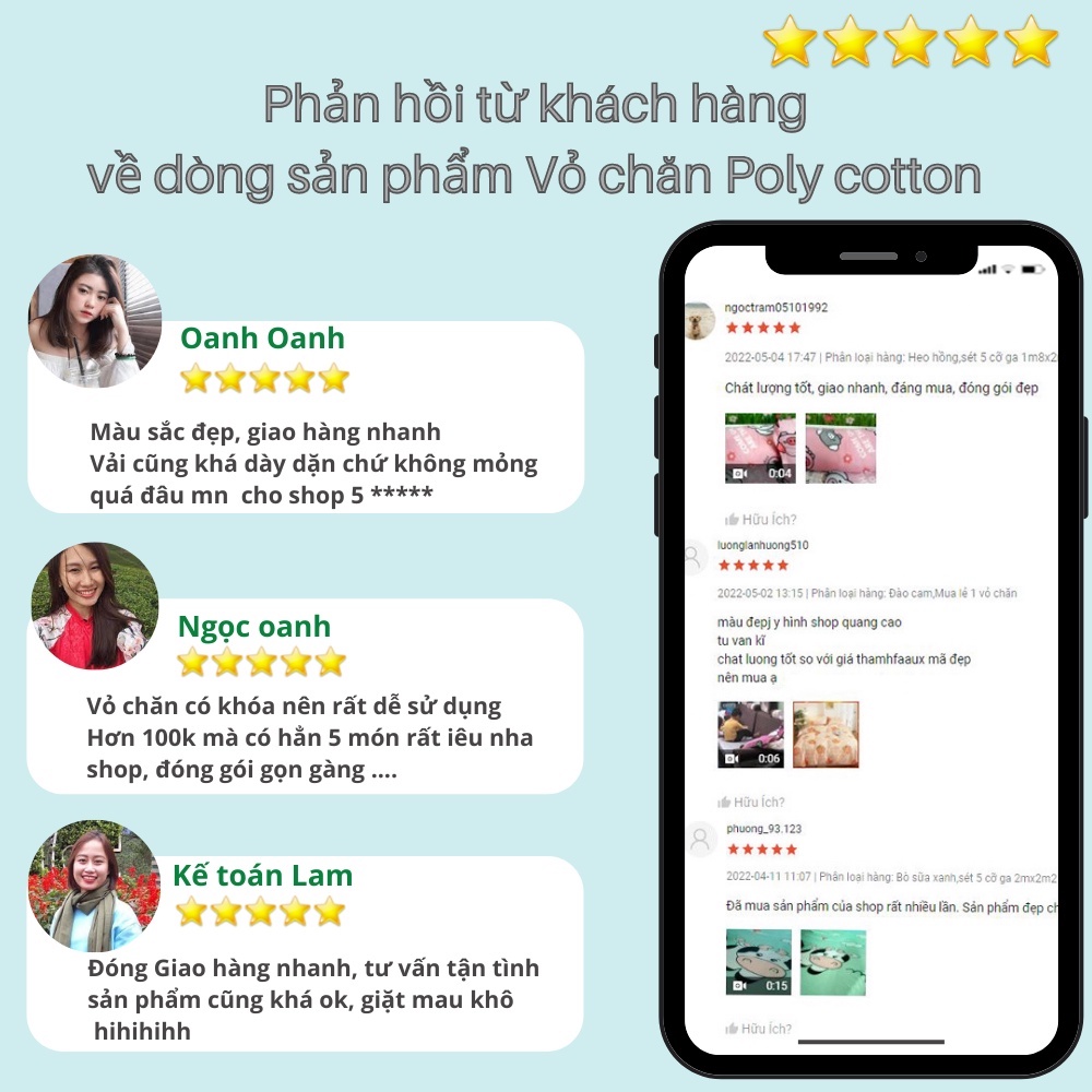 Trọn Bộ 5 Món Vỏ Chăn Ga Gối, Vỏ chăn Poly Cotton Mẫu Mới 2022 (1 vỏ chăn + 1 ga + 2 vỏ gối nằm + 1 vỏ gối ôm)