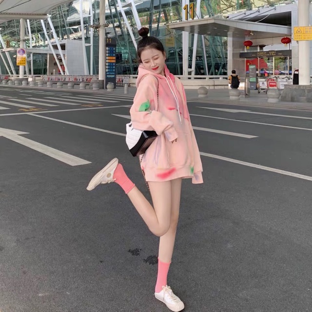 ÁO HOODIE FORM DẤU QUẦN HOẠ TIẾT LOANG MÀU HỒNG DỄ THƯƠNG