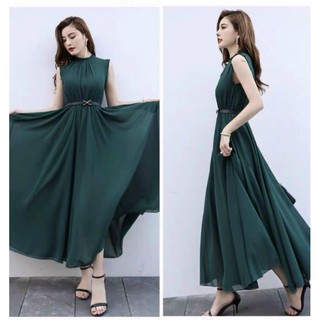 [HÌNH THẬT ]ĐẦM MAXI XANH CỔ TRỤ KÈM NỊT